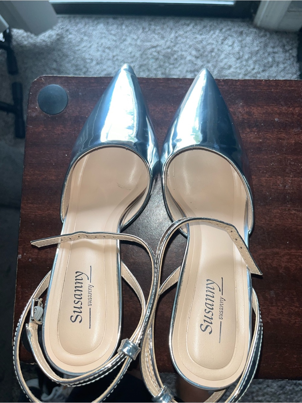 Silver Pointed Toe D'Orsay Flats with Ankle Strap